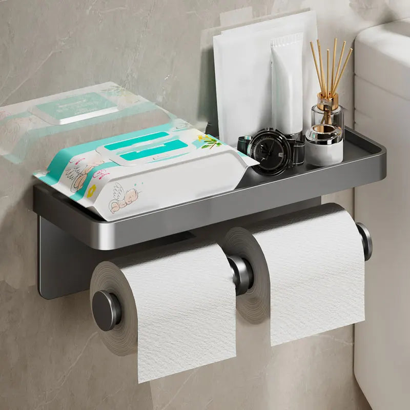 Toilet Paper Holder with Phone Shelf - Single/Double Roll (Aluminum)
